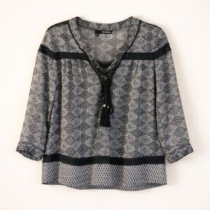 The Kooples Printed Boho Blouse Top XS | Tassel Tie Neck